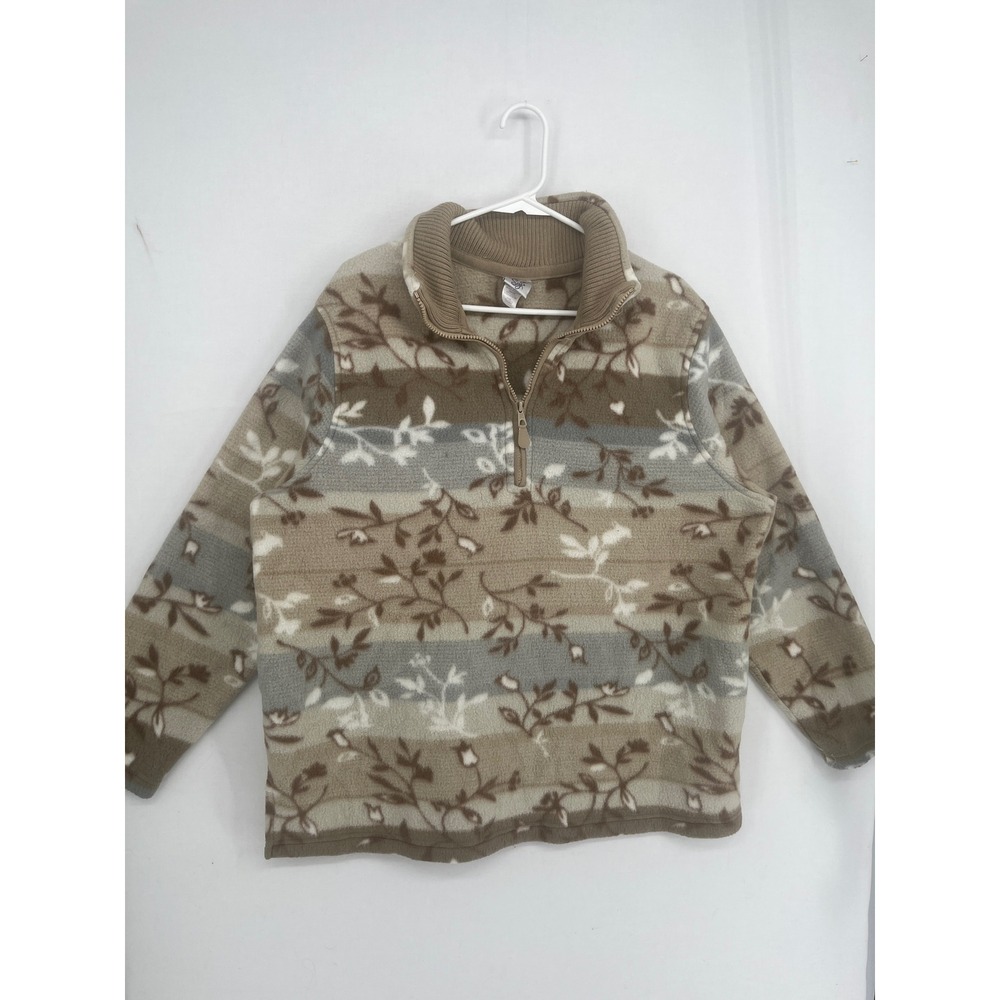 Just My Size Fleece Pullover Womens 38/40 Tan Gray Striped Floral 1/4 Zip Top
